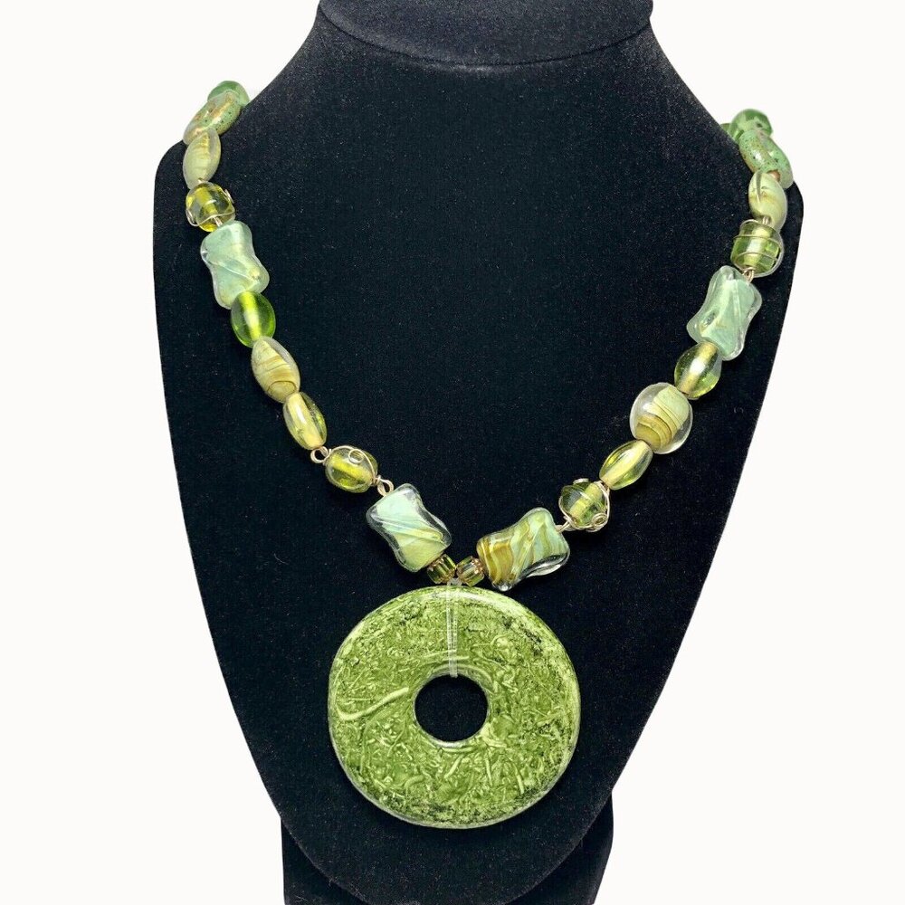 Vintage 1980s Handmade Green Beaded Necklace w/ Large Round Pendant 14"